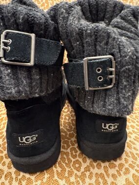 UGG Black Suede Booties with Charcoal Knit Cuffs